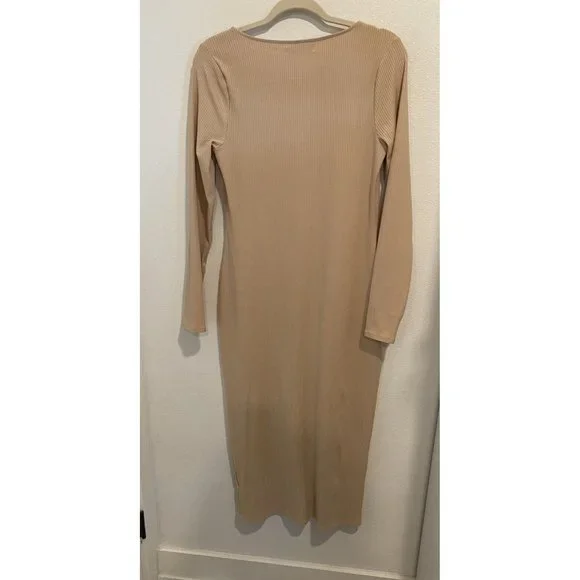 New Fourteenth Place Nude Button Long Sleeve Ribbed Midi Fitted Dress Medium - Picture 5 of 6